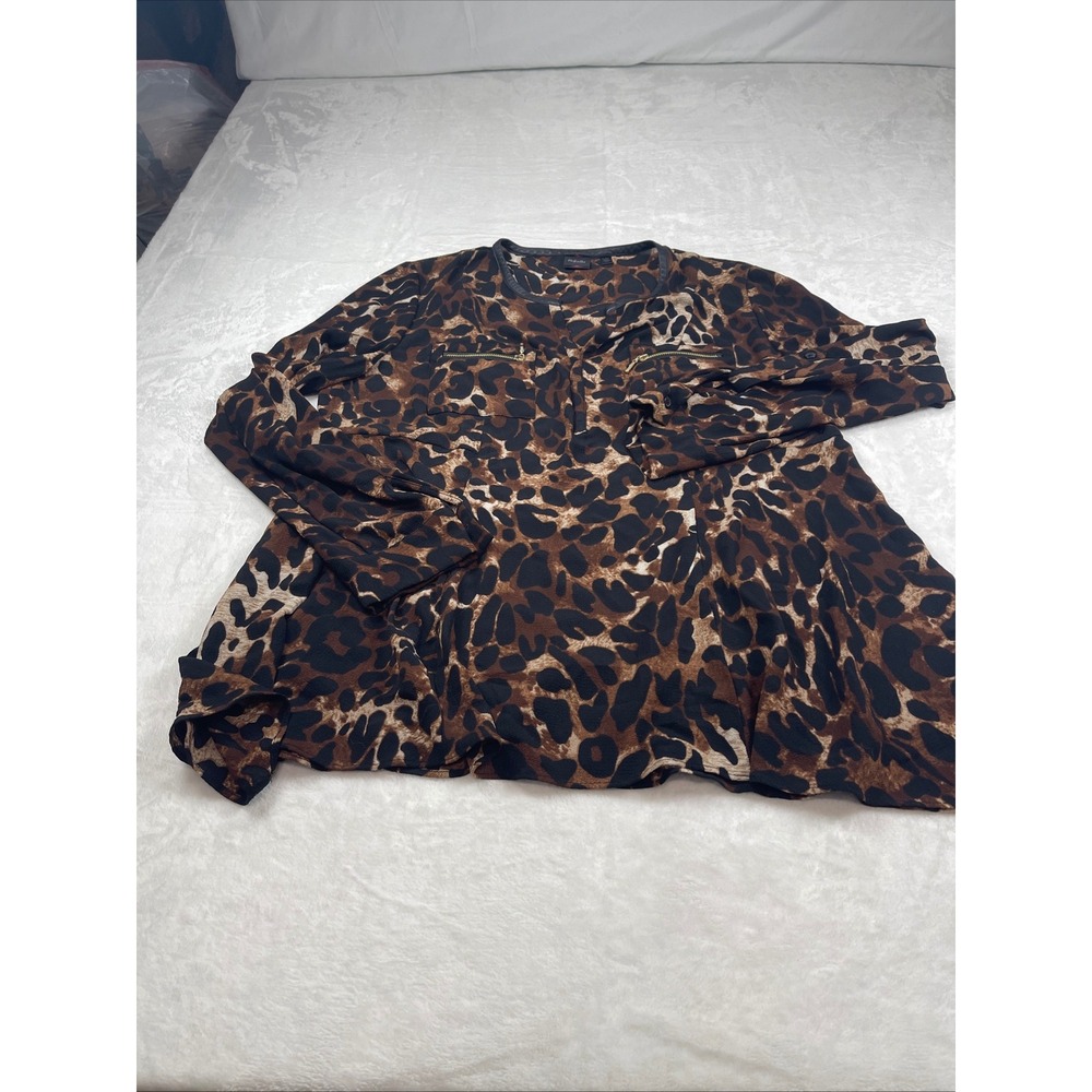 Rafaella Womens XL Leopard Print Faux Leather Trim Zip Pocket Blouse RSWF6027